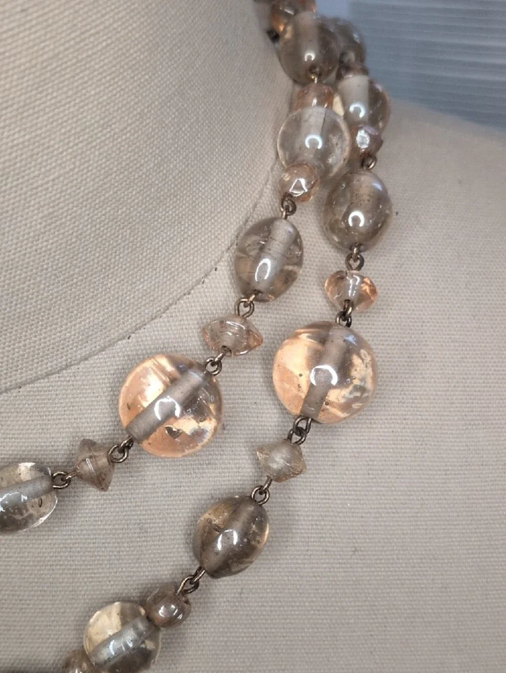 Vintage Long Champagne & Smoky Seeded Glass Bead Opera Necklace